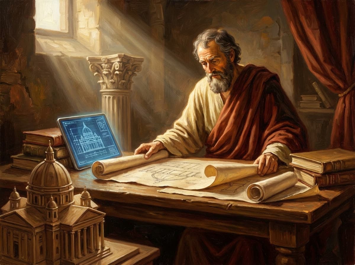 The Architect's Blueprint, a Renaissance-style painting of a classical architect