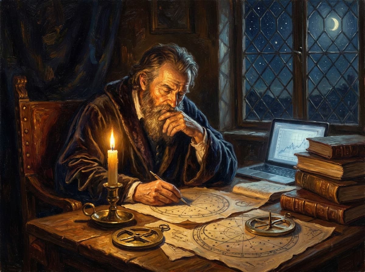 The Astronomer's Chart, a Renaissance-style painting of an astronomer with a star chart