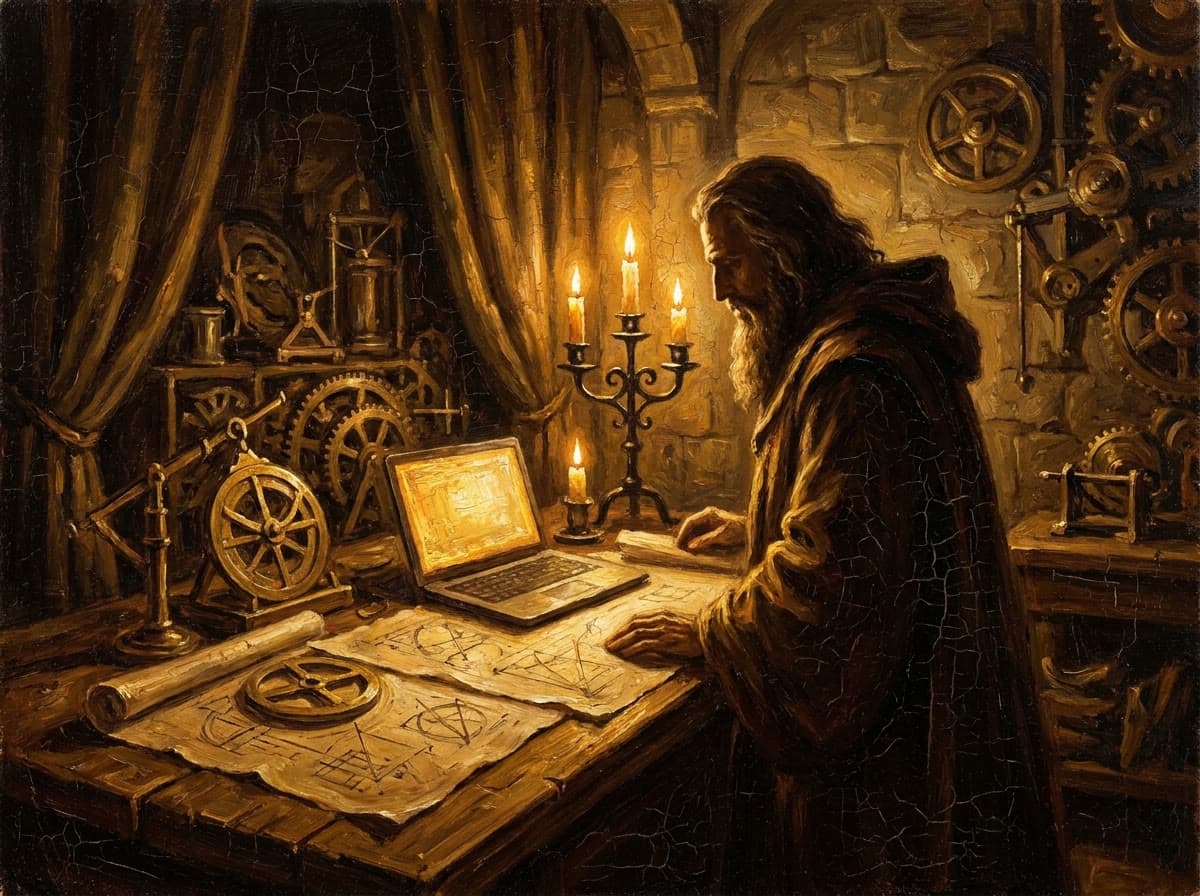 The Inventor's Workshop, a Renaissance-style painting of a clockwork inventor