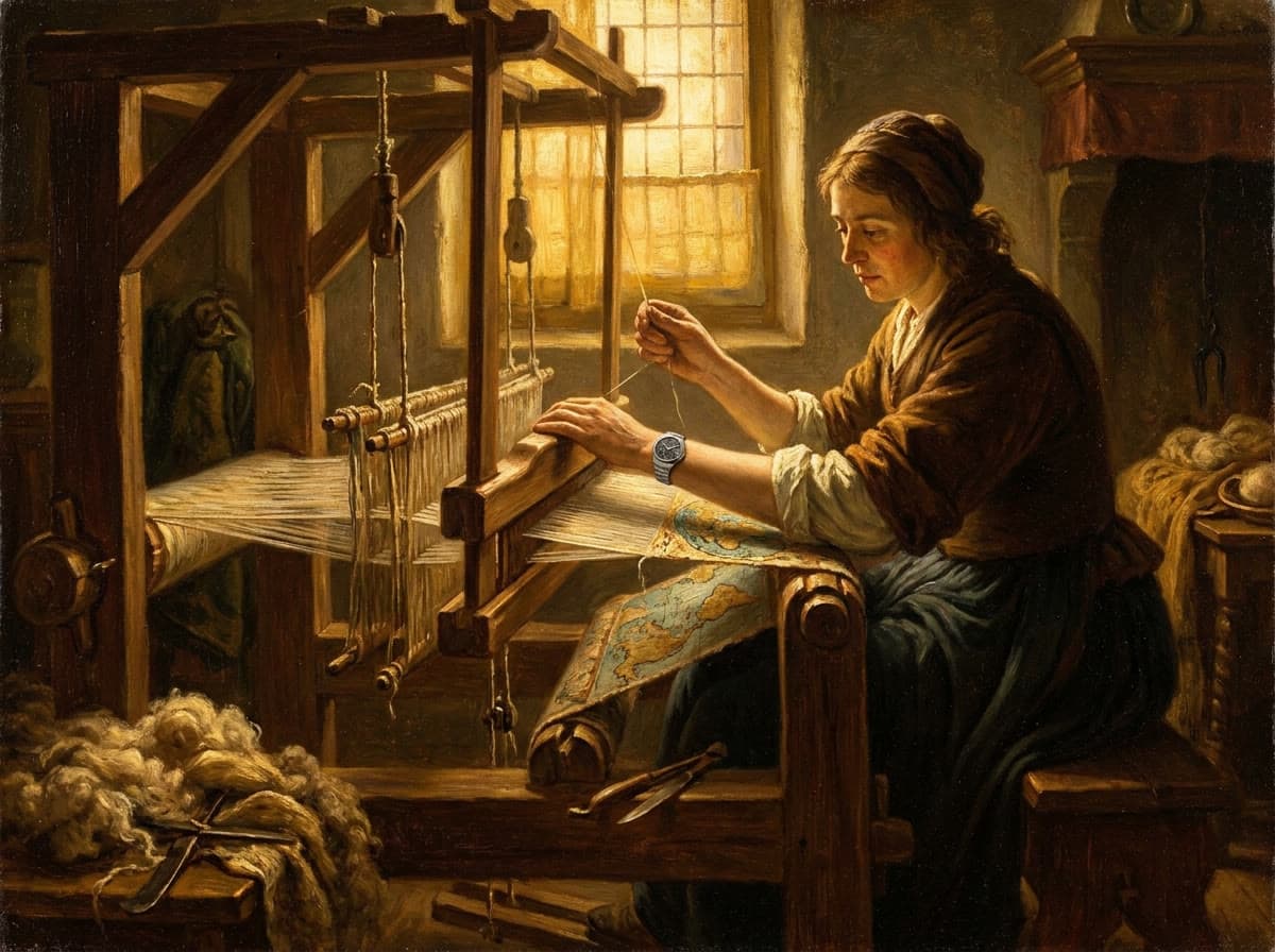 The Weaver's Loom, a Renaissance-style painting of a figure at a loom